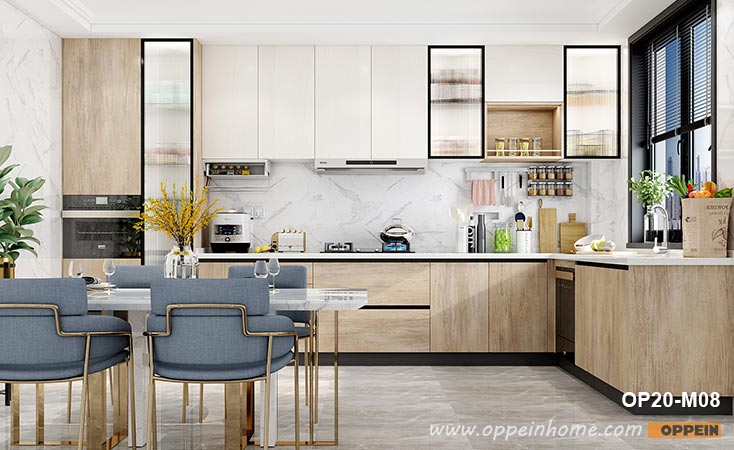 L-shaped Melamine Wood Grain Kitchen Cabinet OP20-M08