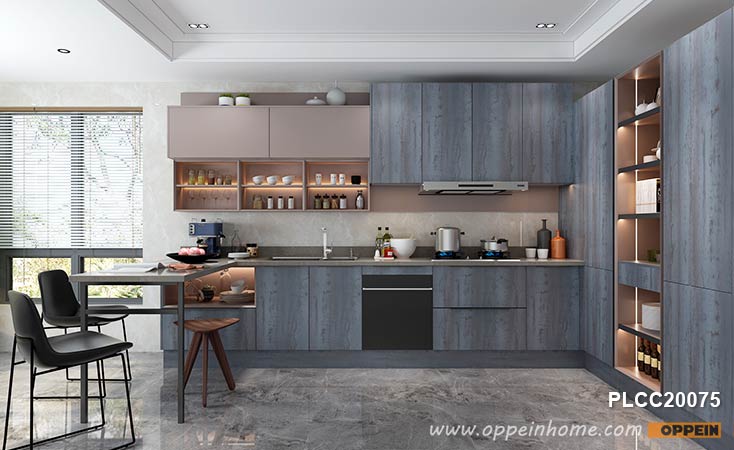 L-shaped Wood Grain Melamine Kitchen Cabinet PLCC20075