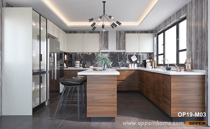 Large Wood Grain&White Melamine Kitchen With Island OP19-M03
