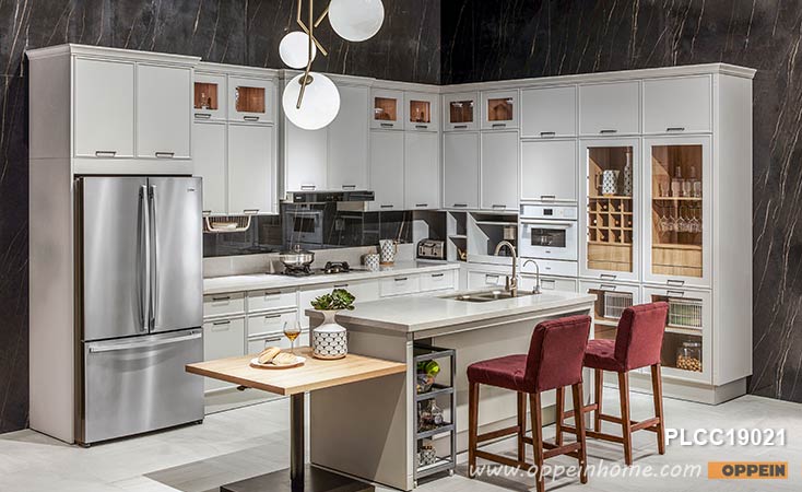 White L-Shape PVC Kitchen With Island PLCC19021